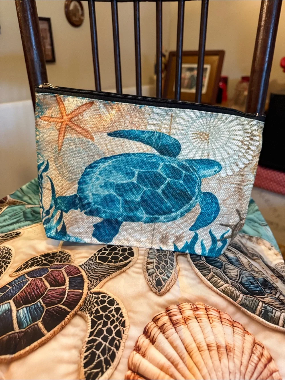 Sea Turtle Quilted Tote Bag in Aqua and Sand w/ small bag included.
